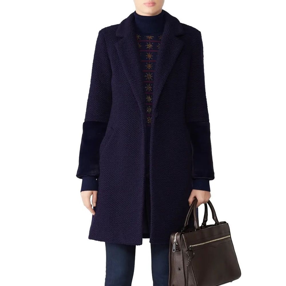 Hutch Navy Wool Elaina Teddy Coat Faux Fur Sleeve sz Medium